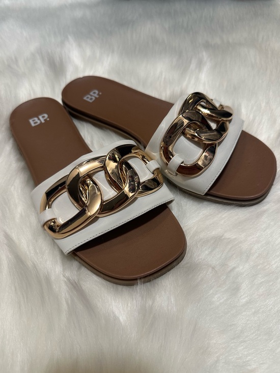 bp Shoes - bp White Slide Sandals with Oversized Gold Chain